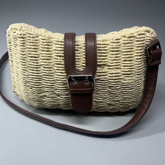 Unbranded Handbags - Woven Rattan Straw Crossbody Buckle Bag Beige Tan Hinge Picnic Beach Vacation